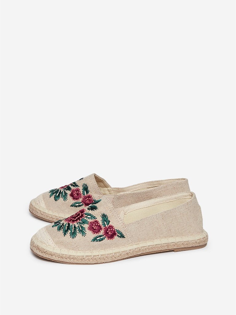 LUNA BLU Off White Floral Embroidery Espadrilles