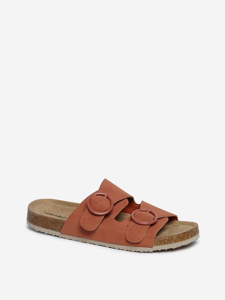 LUNA BLU Tan Buckle-Detailed Platform Slides
