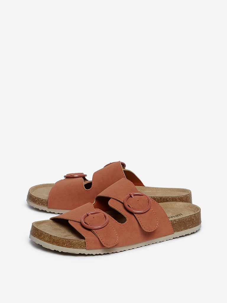 LUNA BLU Tan Buckle-Detailed Platform Slides