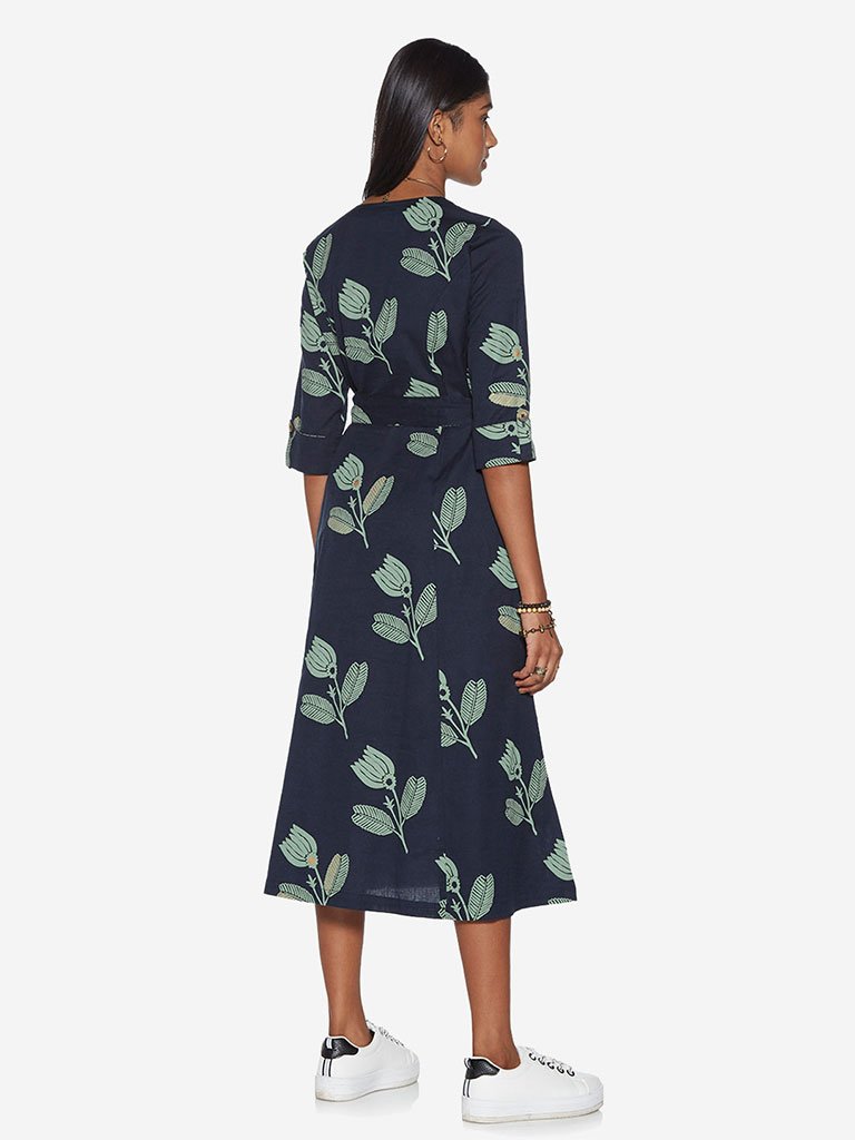 Bombay Paisley Navy Floral Print Belted Dress
