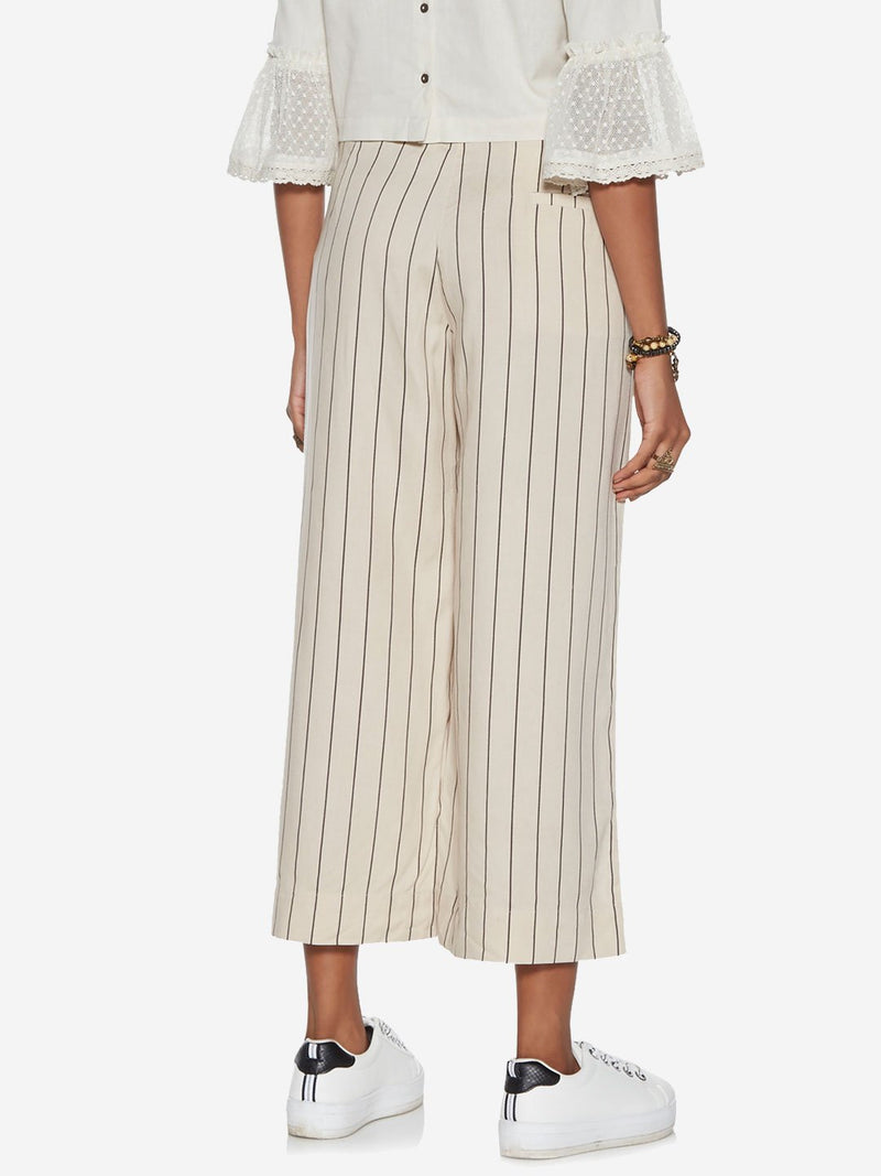 Bombay Paisley Off White Striped Belted Palazzos