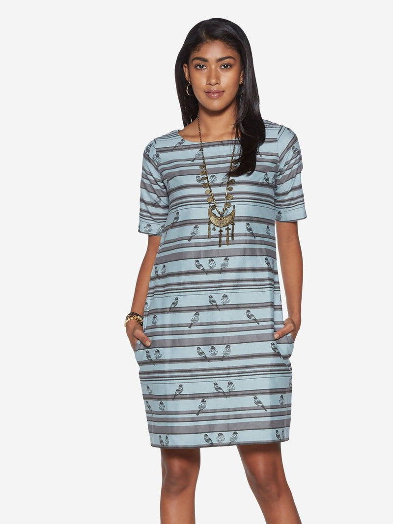 Bombay Paisley Blue Stripe and Bird Print Dress