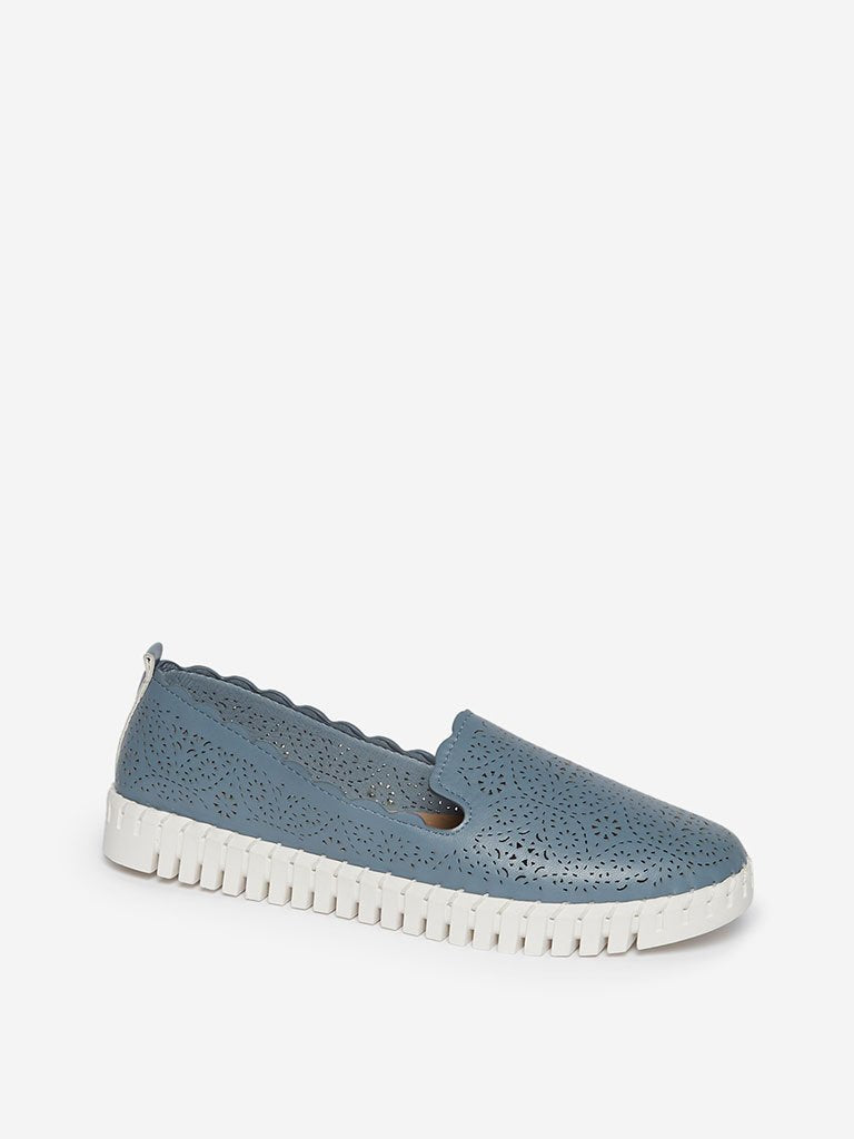LUNA BLU Blue Laser-Cut Faux-Leather Loafers