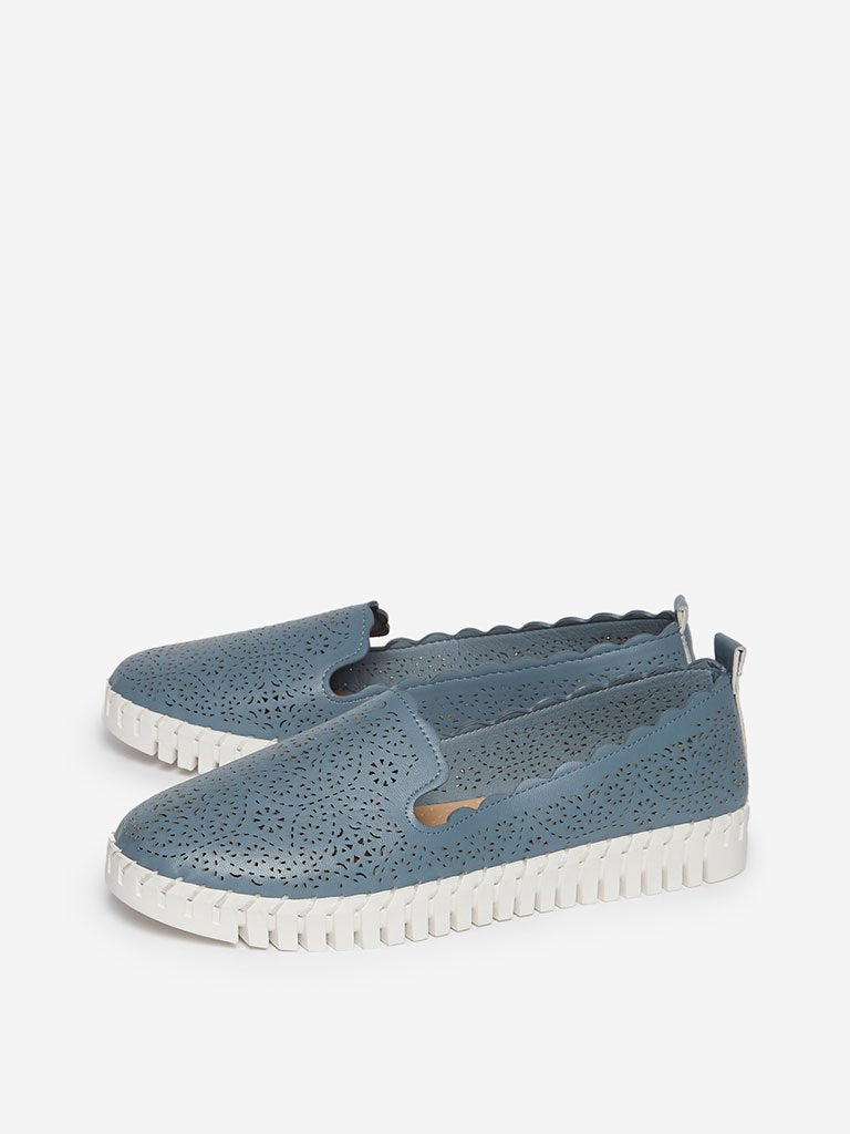 LUNA BLU Blue Laser-Cut Faux-Leather Loafers