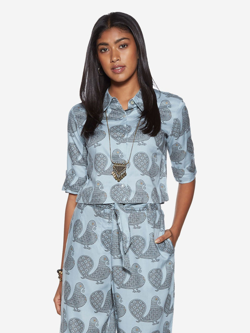 Bombay Paisley Sky Blue Peacock Print Crop-Top