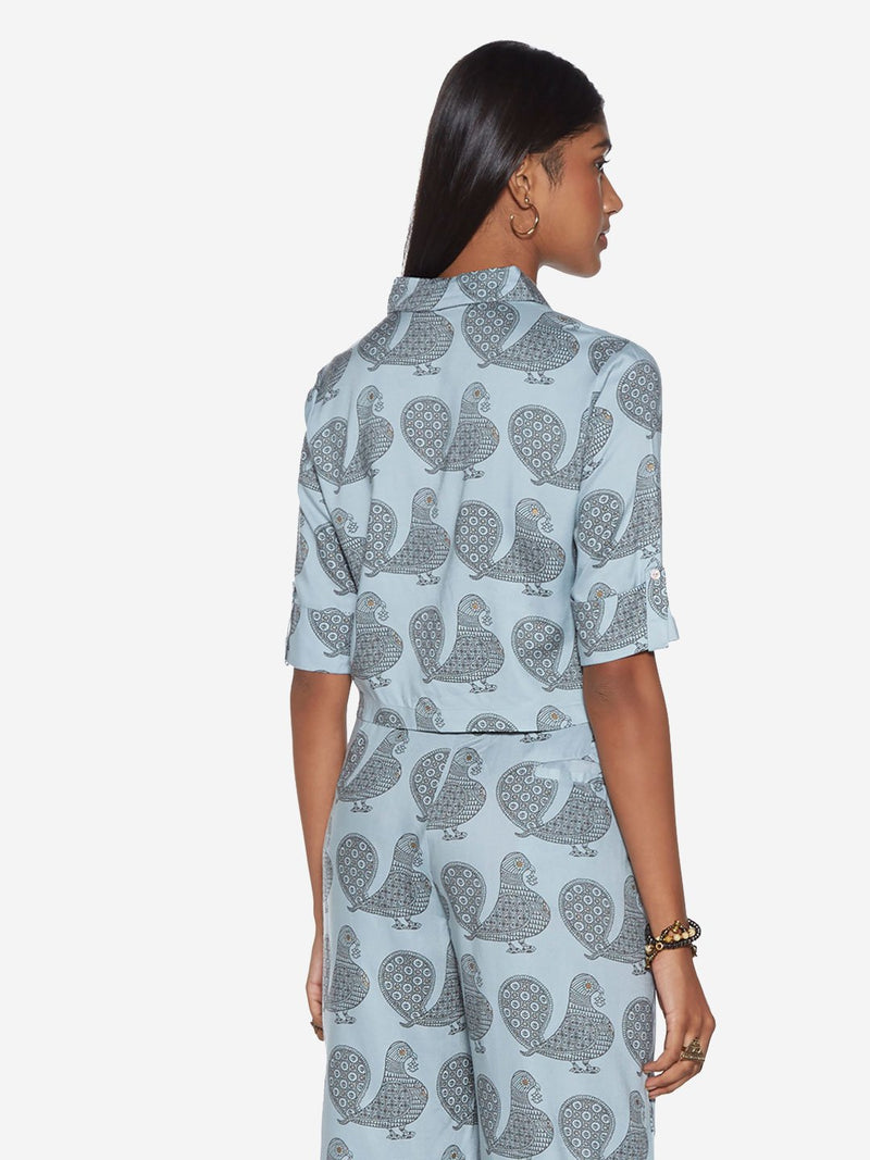 Bombay Paisley Sky Blue Peacock Print Crop-Top