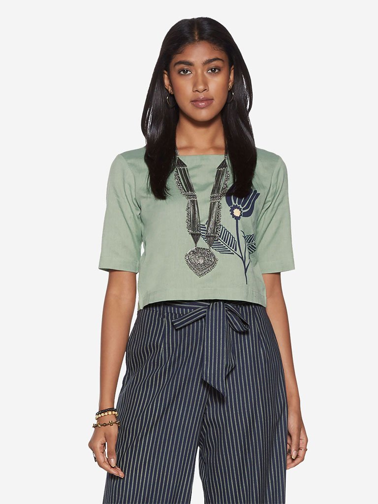 Bombay Paisley Mint Leaf Print Crop-Top