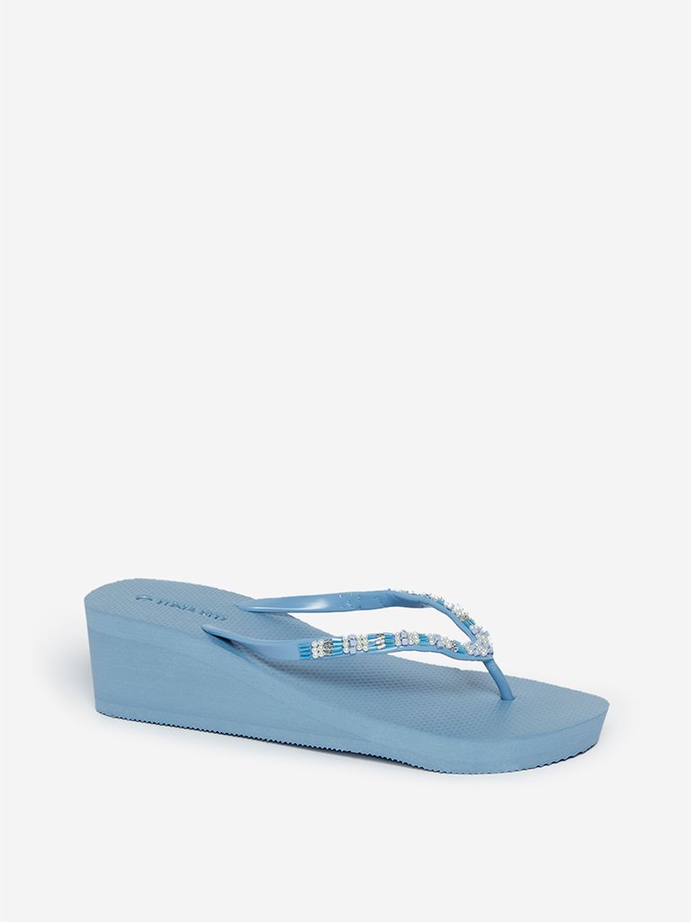 LUNA BLU Blue Beaded Wedge Flip Flops