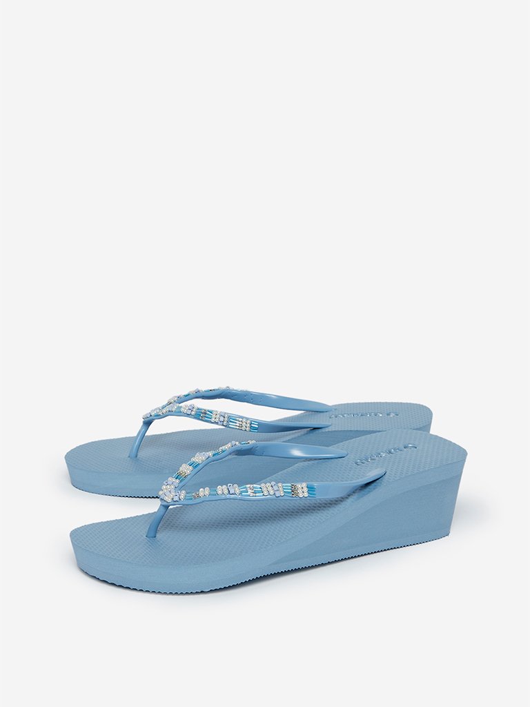 LUNA BLU Blue Beaded Wedge Flip Flops