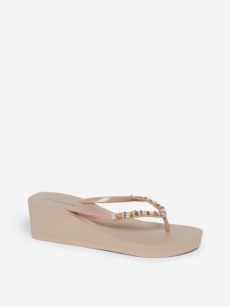 LUNA BLU Beige Beaded Wedge Flip-Flops