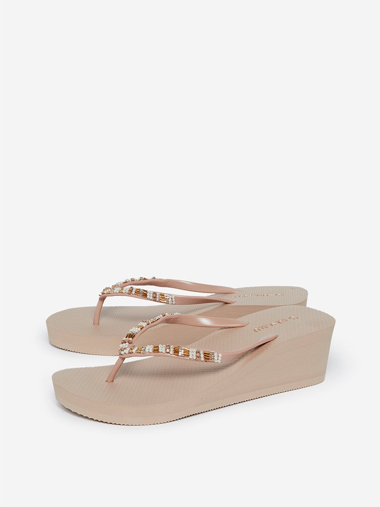 LUNA BLU Beige Beaded Wedge Flip-Flops