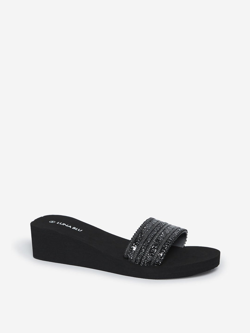 LUNA BLU Black Weave Pattern Wedge Heel Slides