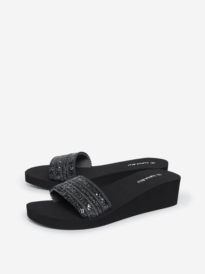 LUNA BLU Black Weave Pattern Wedge Heel Slides