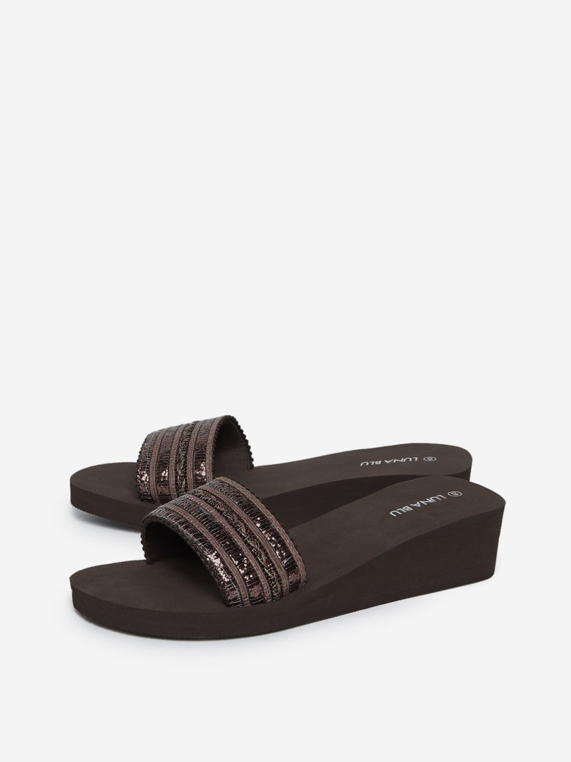 LUNA BLU Brown Weave Pattern Wedge Heel Slides