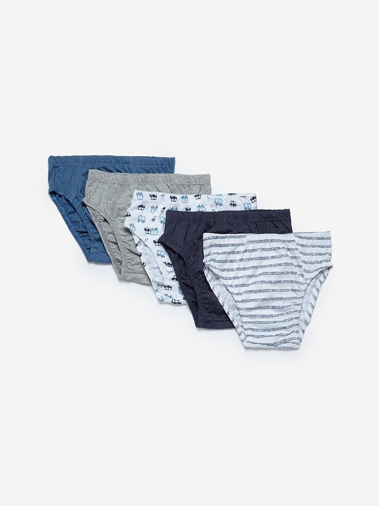 Y&F Kids Navy Printed Briefs Set Of Five