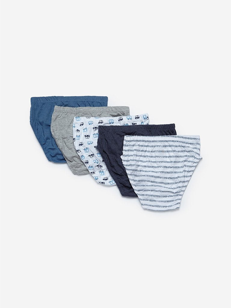 Y&F Kids Navy Printed Briefs Set Of Five