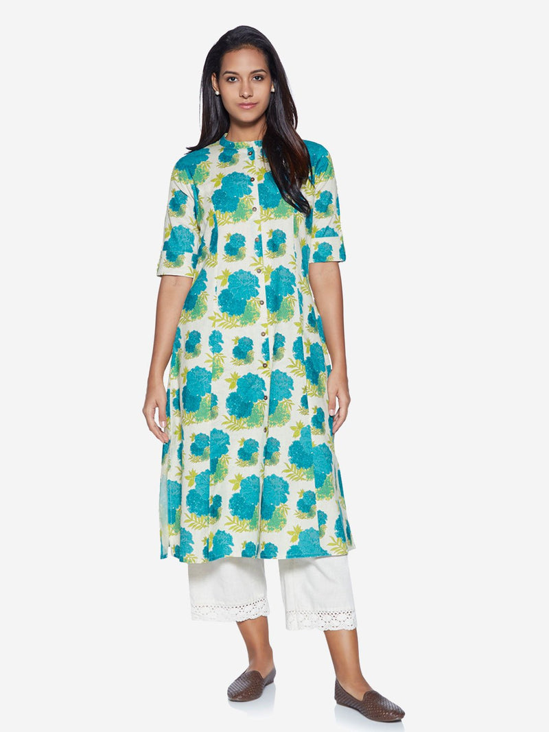 Utsa Turquoise A-Line Floral Print Kurta