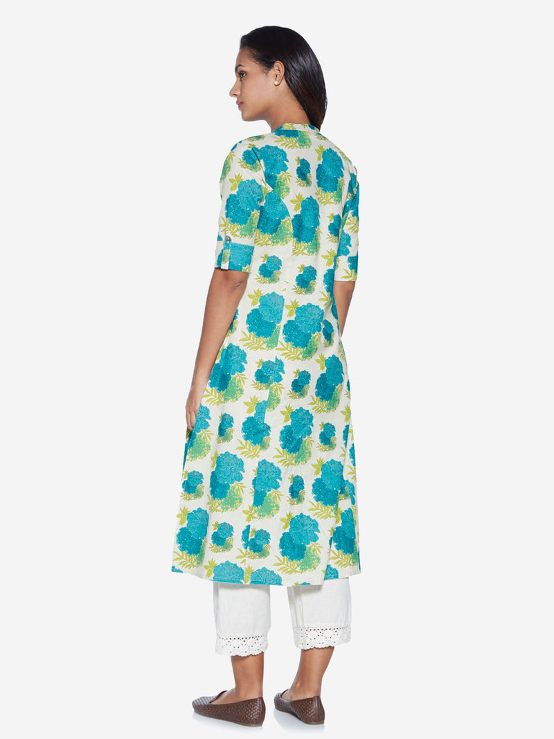 Utsa Turquoise A-Line Floral Print Kurta