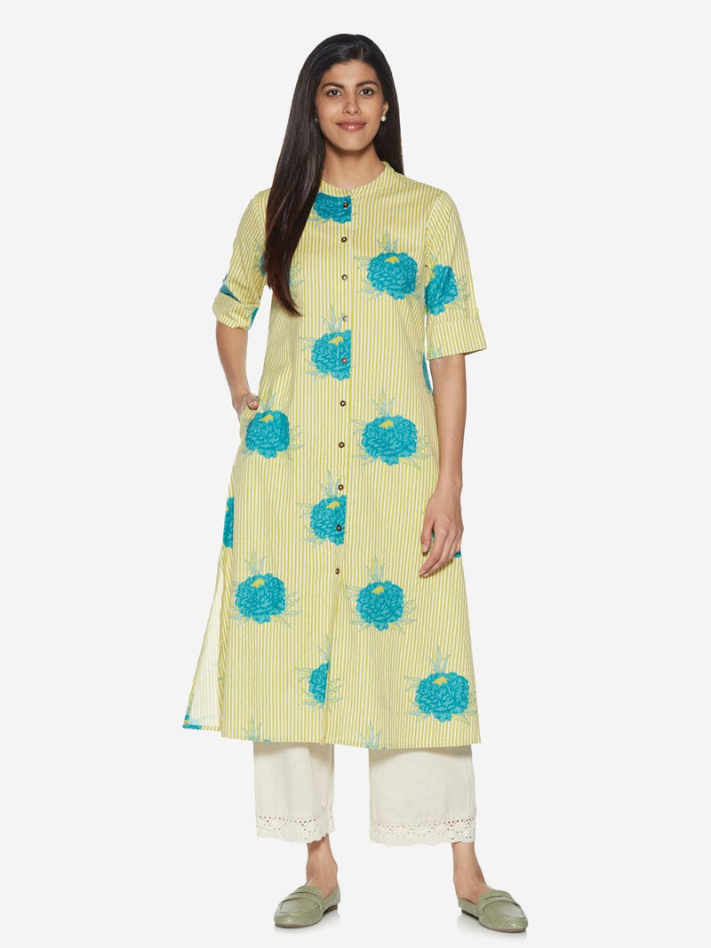 Utsa Turquoise And Lime Printed A-line Kurta