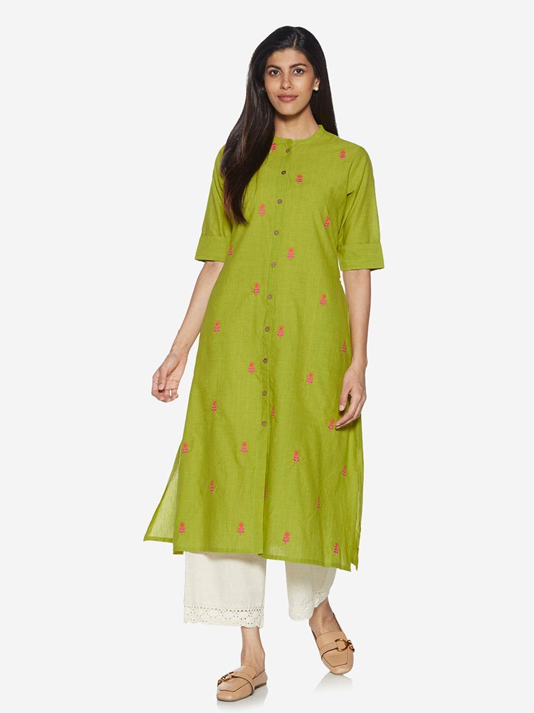 Utsa Green Floral Embroidered A-line Kurta