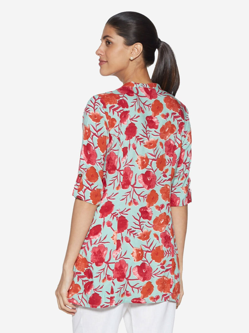 Utsa Turquoise Floral Print A-line Kurti