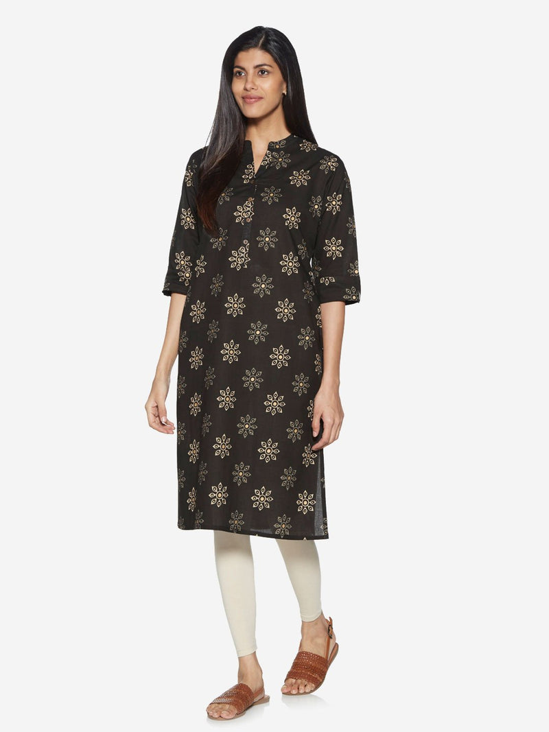 Utsa Black Floral Print Straight Kurta