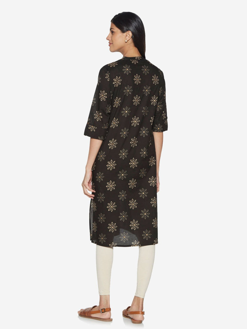 Utsa Black Floral Print Straight Kurta