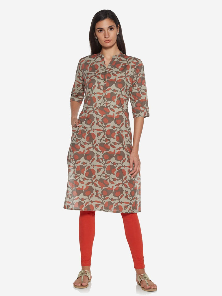 Utsa Beige Printed Pure-Cotton Straight Kurta