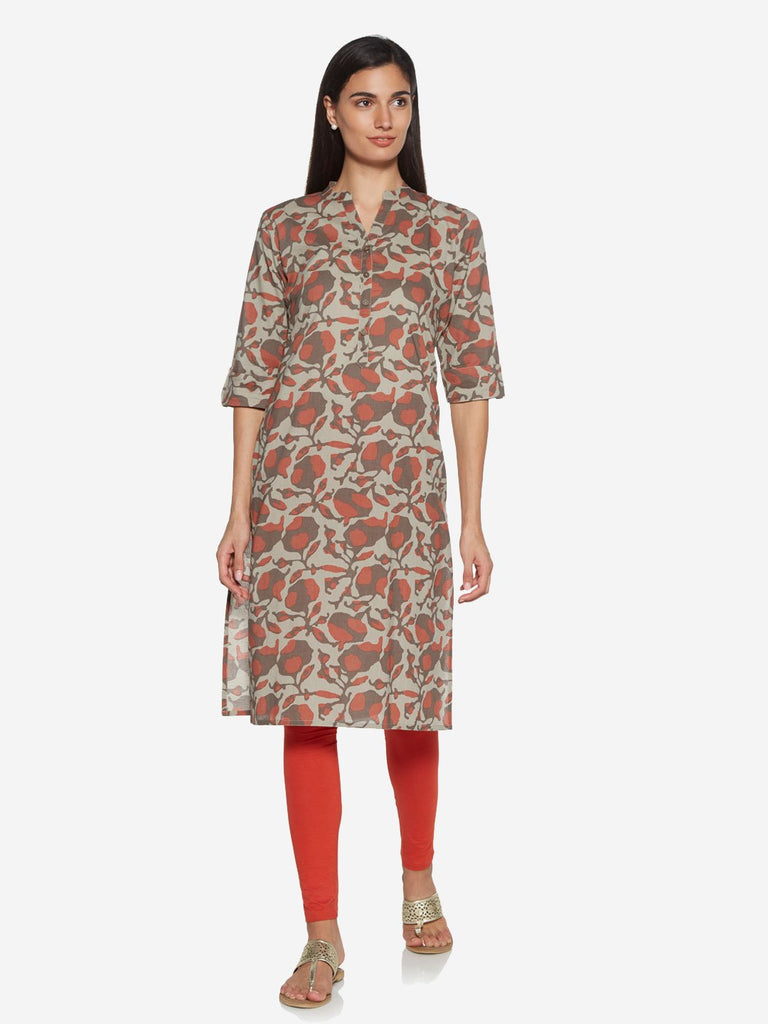 Utsa Beige Printed Pure-Cotton Straight Kurta