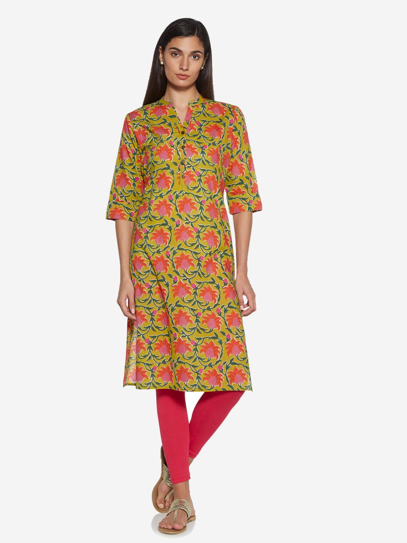 Utsa Yellow Floral Pure-Cotton Straight Kurta