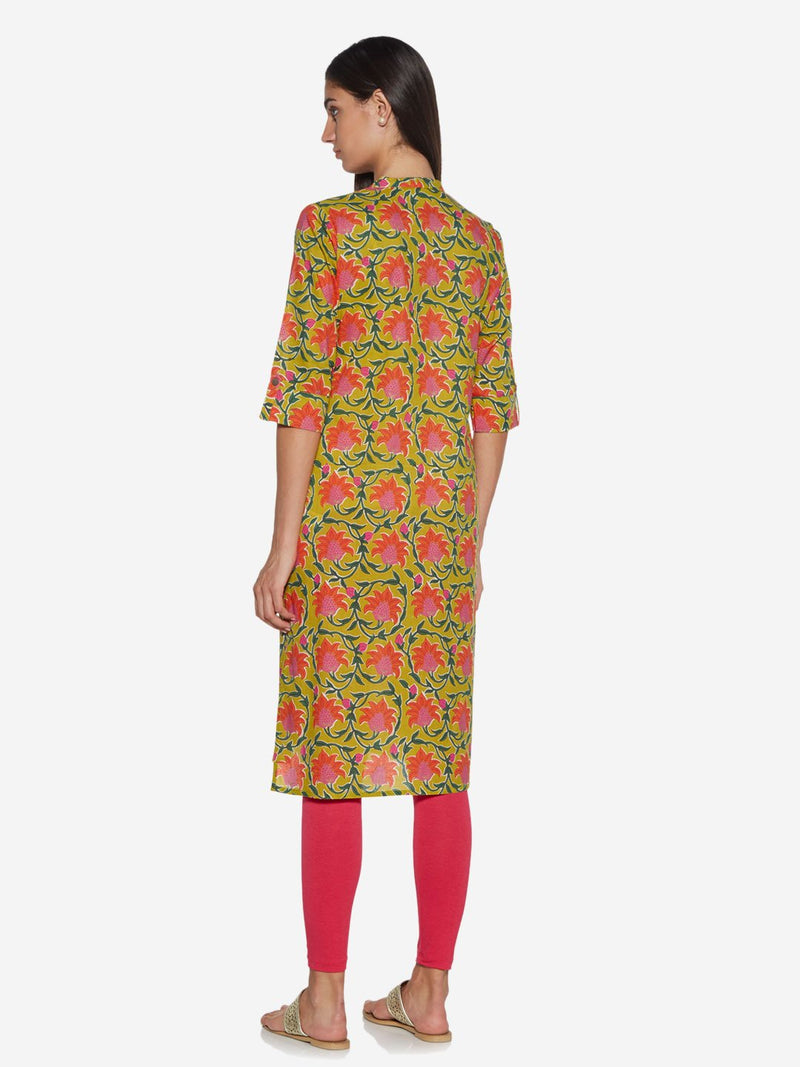 Utsa Yellow Floral Pure-Cotton Straight Kurta