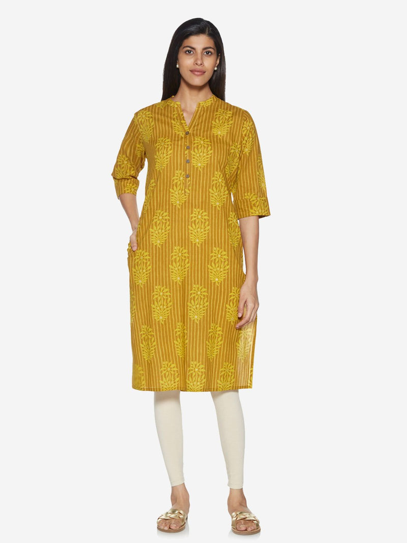 Utsa Yellow Printed Pure-Cotton Straight Kurta