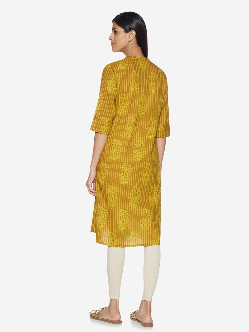 Utsa Yellow Printed Pure-Cotton Straight Kurta