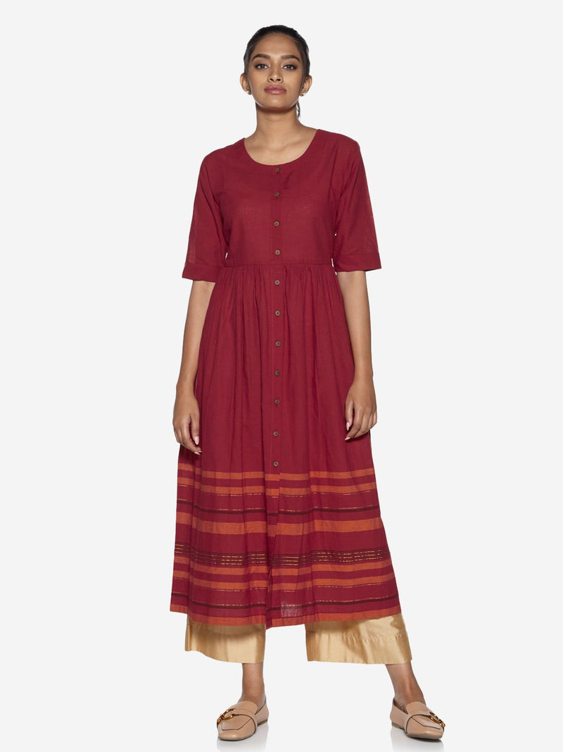 Utsa Red Striped Fit-And-Flare Kurta