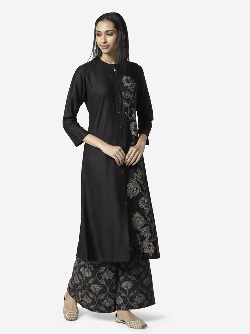 Zuba Black A-Line Floral Patterned Kurta