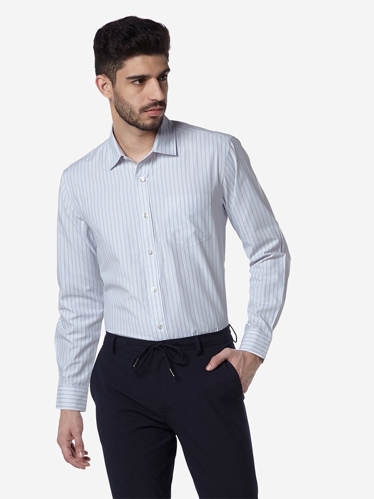 WES Formals Blue Striped Relaxed Fit Shirt