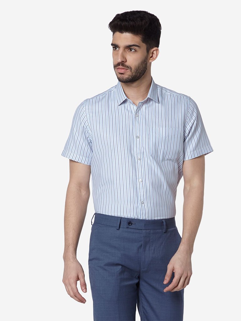 WES Formals White Striped Slim Fit Shirt