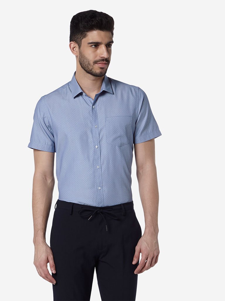 WES Formals Blue Self-Patterned Slim Fit Shirt
