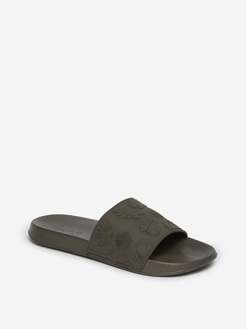 SOLEPLAY Dark Khaki Leaf Patterned Pool Slides