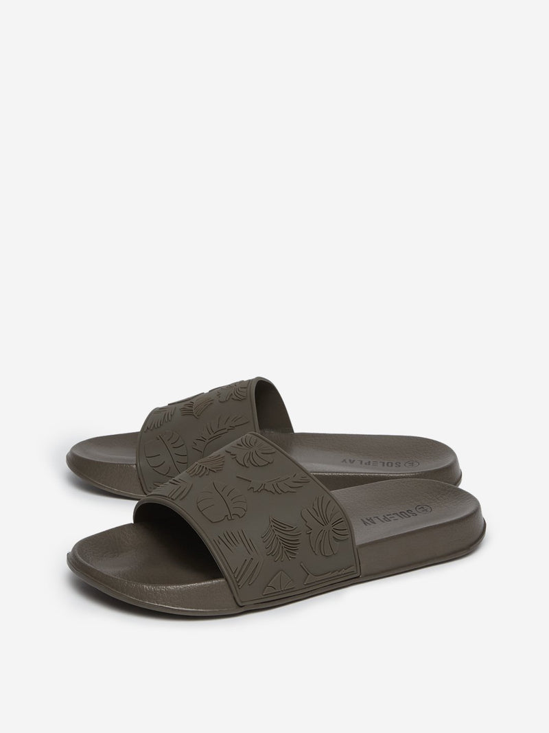 SOLEPLAY Dark Khaki Leaf Patterned Pool Slides