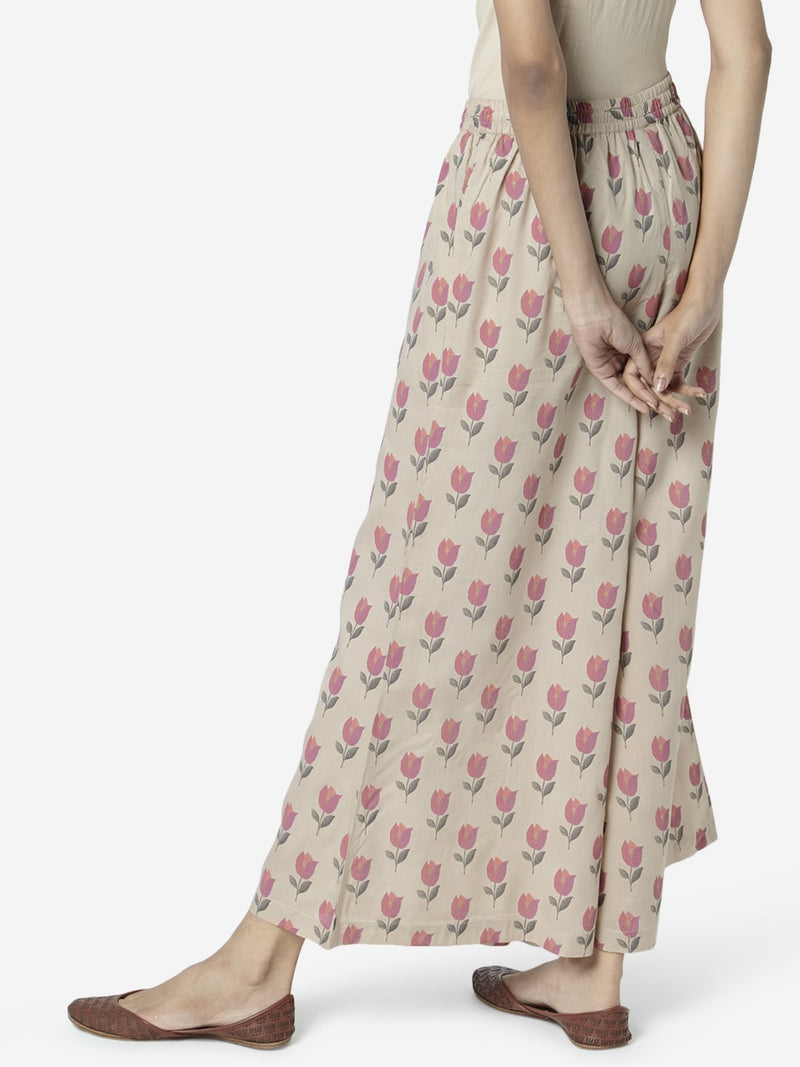 Zuba Beige Tulip Printed Palazzos