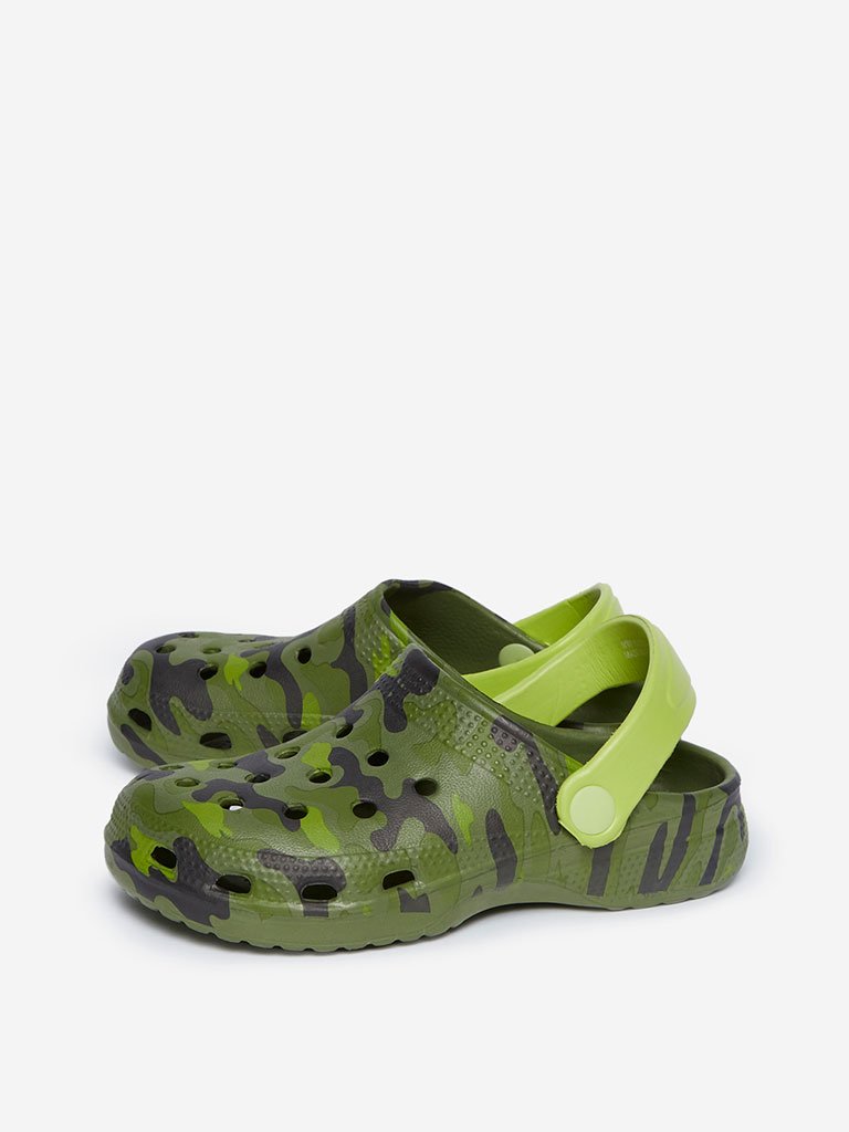 Yellow Kids Olive Camouflage Print Clogs