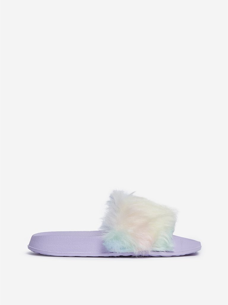 Yellow Kids Lilac Rainbow Faux-Fur Slides