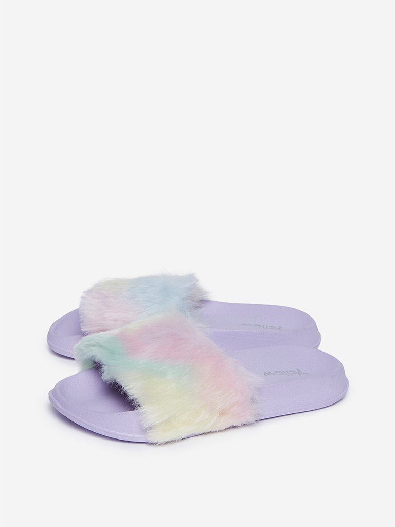 Yellow Kids Lilac Rainbow Faux-Fur Slides