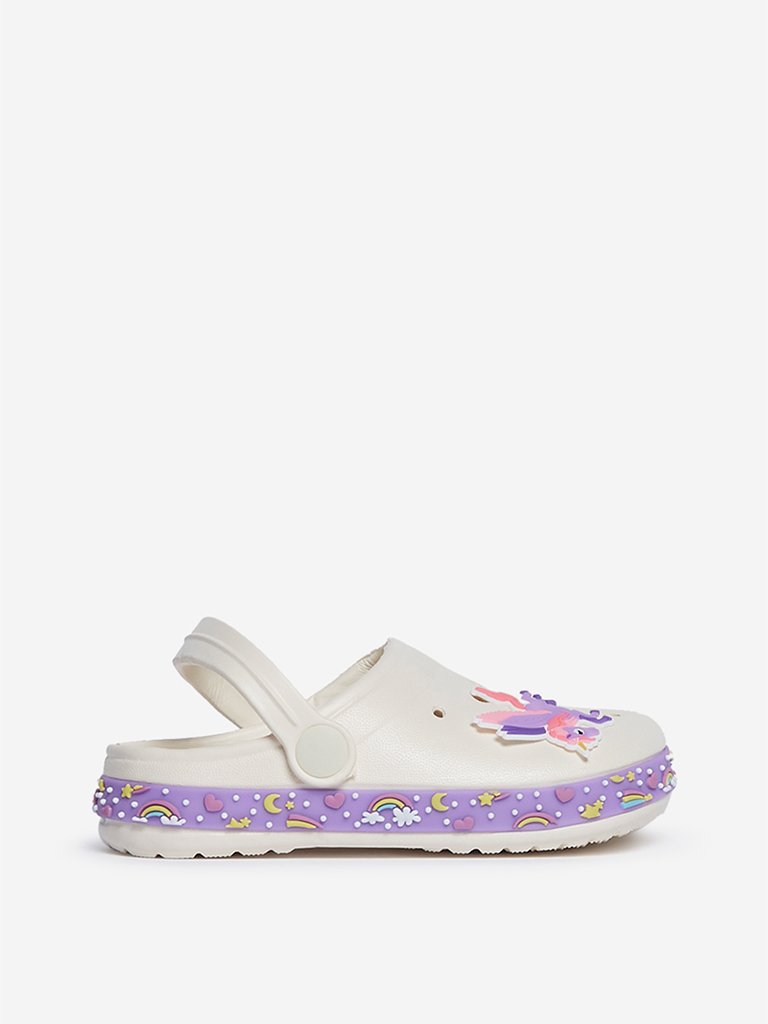 Yellow Kids Beige Unicorn-Detailed Clogs