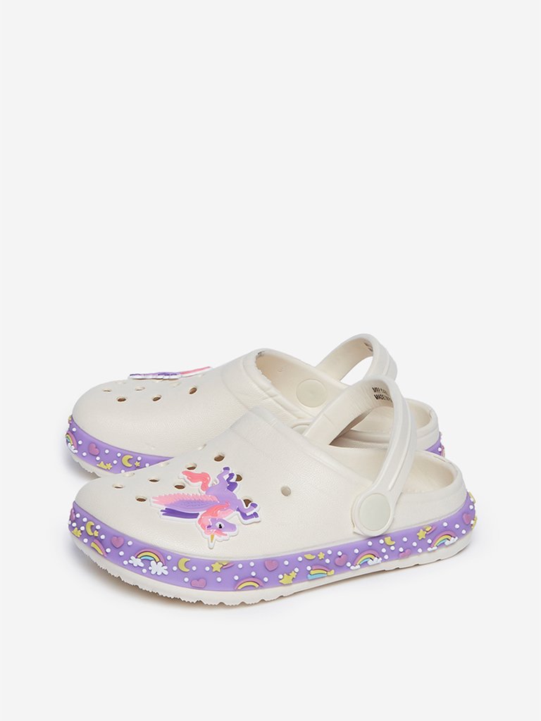 Yellow Kids Beige Unicorn-Detailed Clogs