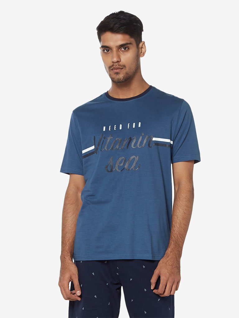 WES Lounge Blue Text Print Relaxed Fit T-Shirt