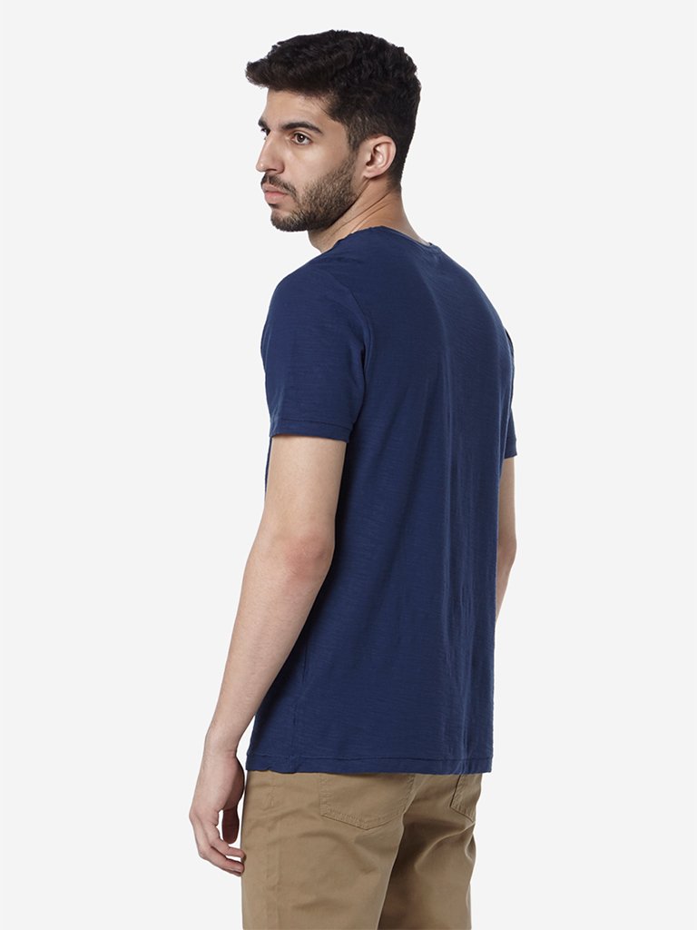 WES Casuals Dark Blue Slim-Fit Crewneck T-Shirt