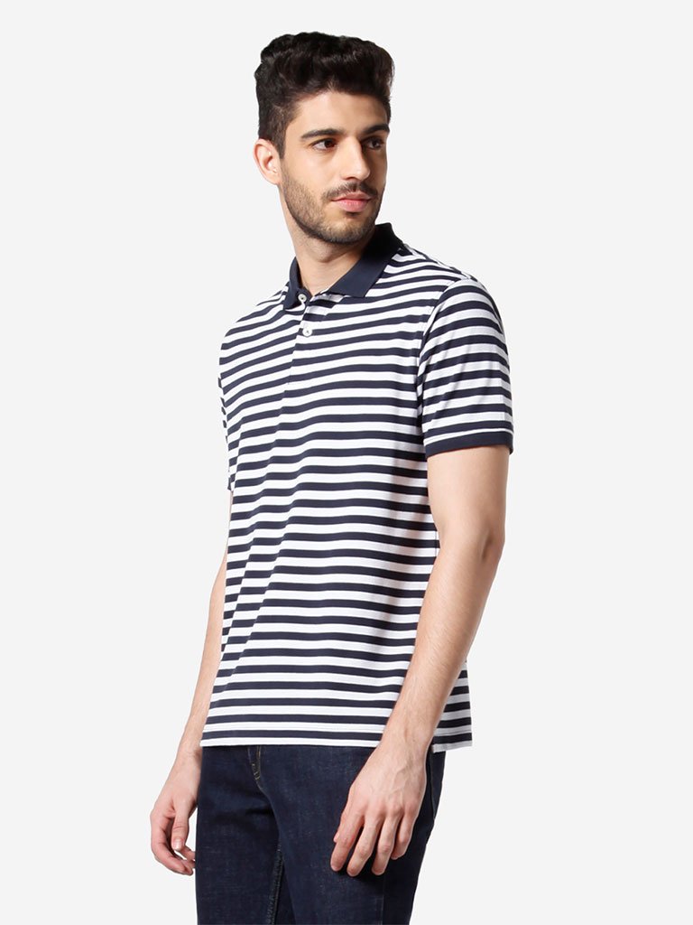 WES Casuals Indigo Striped Relaxed-Fit Polo T-Shirt