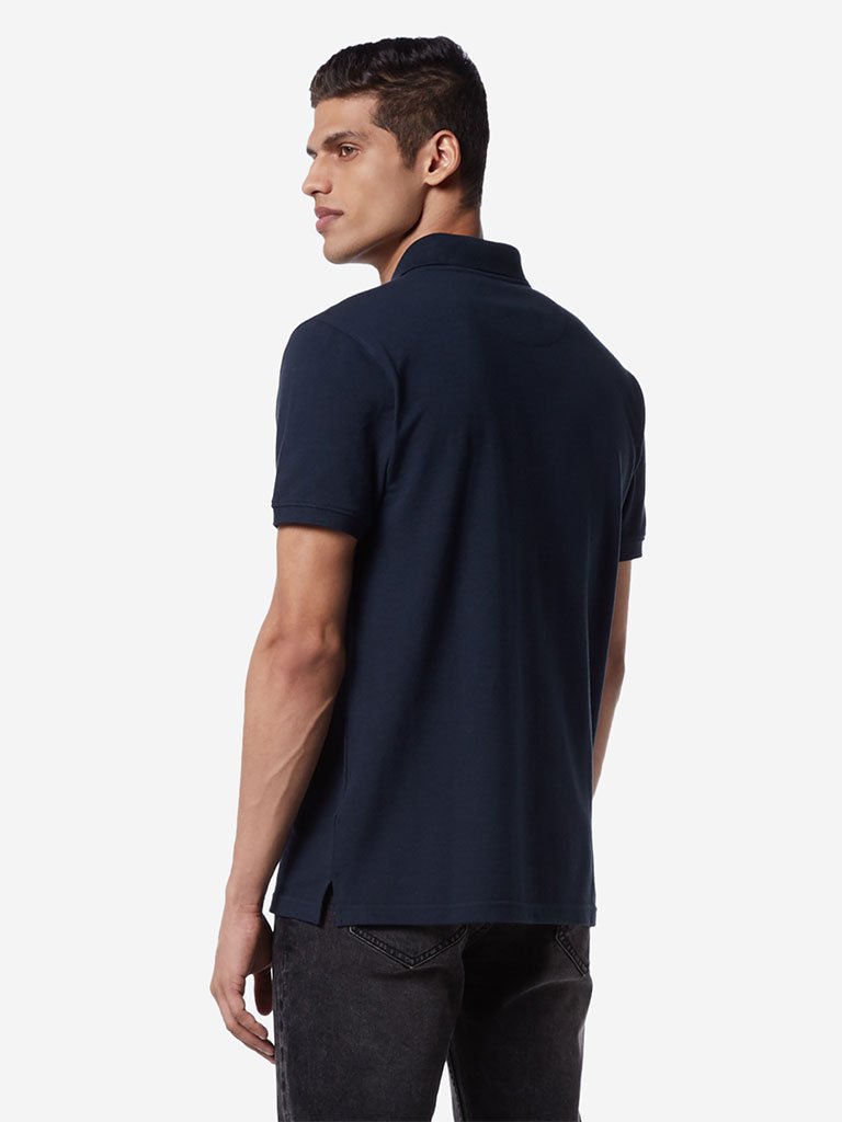 WES Casuals Navy Striped Slim Fit Polo T-Shirt